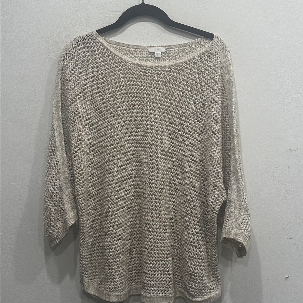J.Jill Open Knit crochet neutral Sweater blouse top Medium cottage core coastal